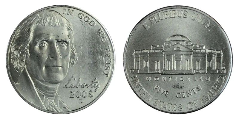 2008 Jefferson nickel obverse and reverse showing Monticello and Jefferson portrait