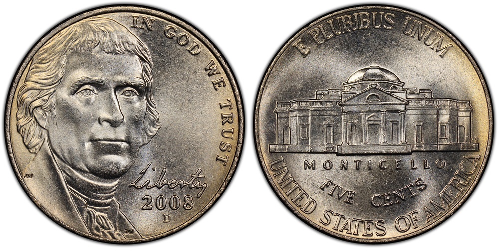2008 Jefferson nickel Monticello steps comparison — incomplete steps (left) vs Full Steps FS designation (right)