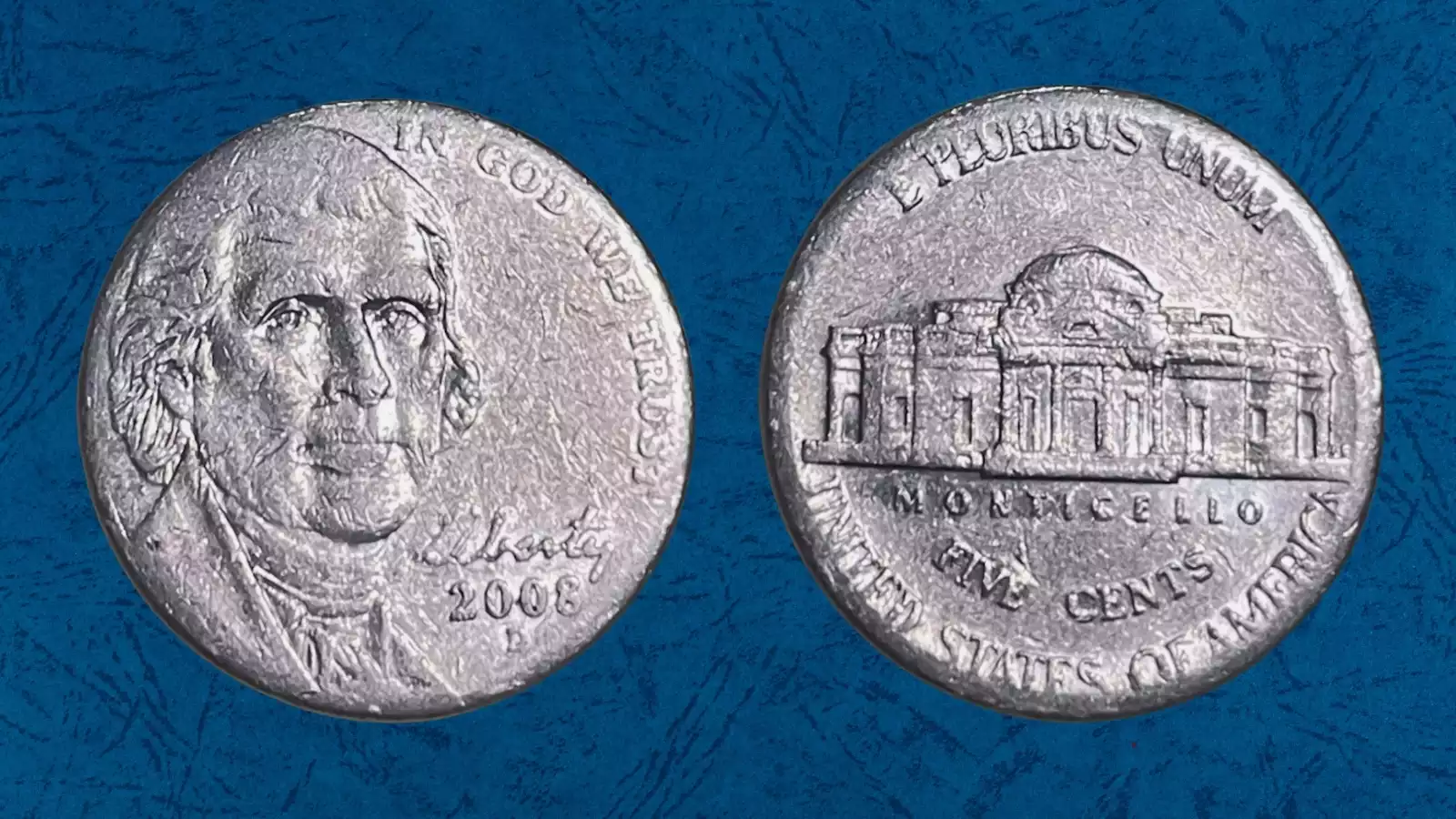 2008-D Jefferson nickel broad strike error showing oversized diameter and thinned rim