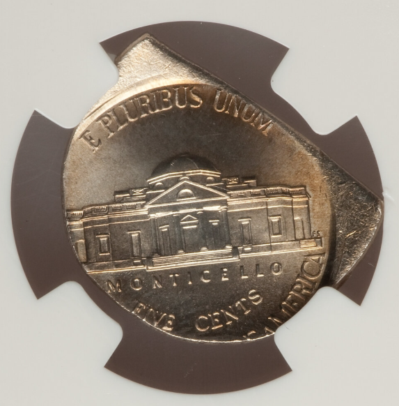 2008 Jefferson nickel off-center strike error showing shifted design and blank crescent rim area