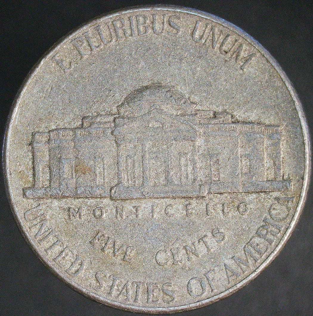 2008-P Jefferson nickel missing clad layer error showing exposed copper-orange core