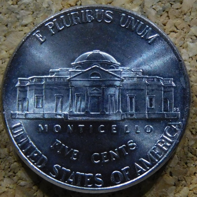 2008-D Jefferson nickel die crack error showing raised line across the reverse Monticello design