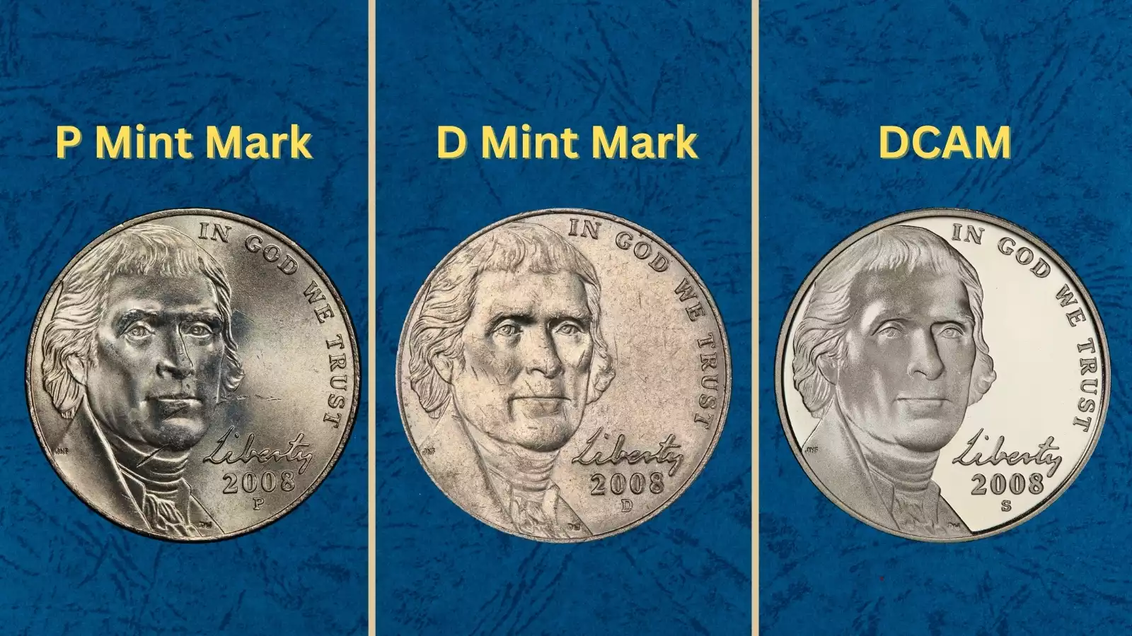 2008 Jefferson nickel specimens from worn to gem uncirculated condition showing survival examples