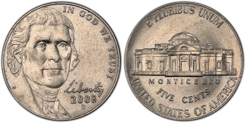 2008 Jefferson nickel grading strip showing four condition tiers from worn to gem uncirculated